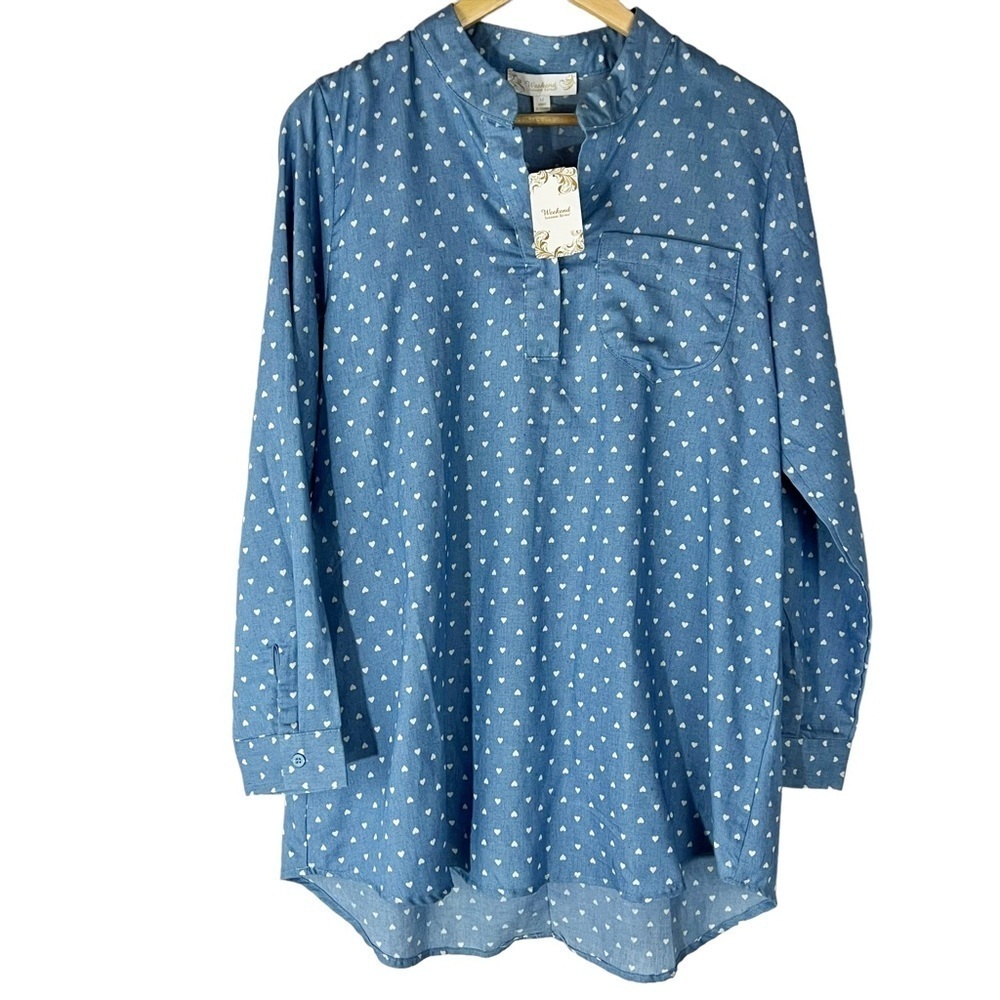 NWT Weekend by Suzanne Betro Denim Blue & White Polka Dot‎ Long Sleeve Tunic